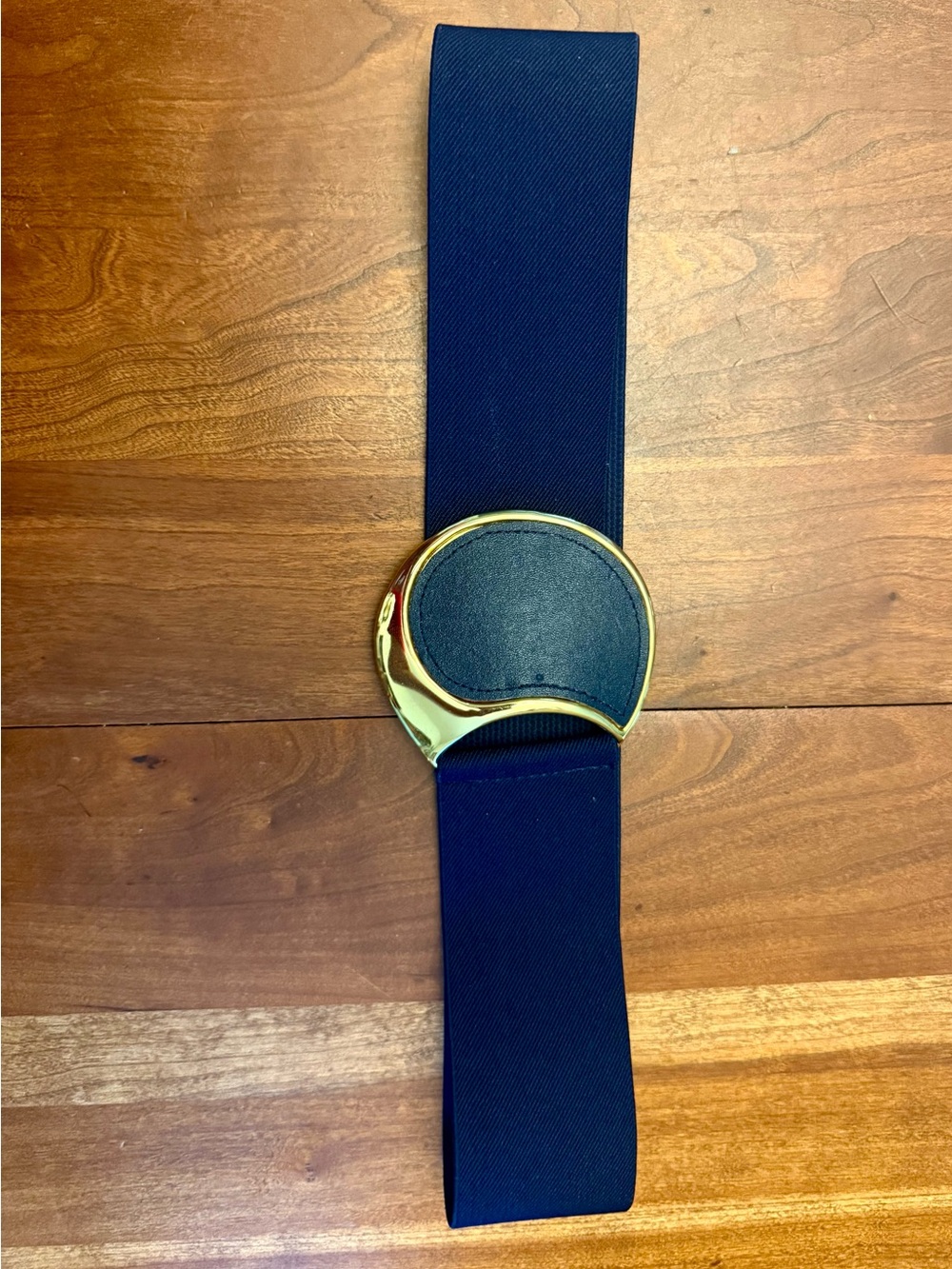 Navy Elastic Statement Belt with Gold Accent Buckle 1980s Vintage S